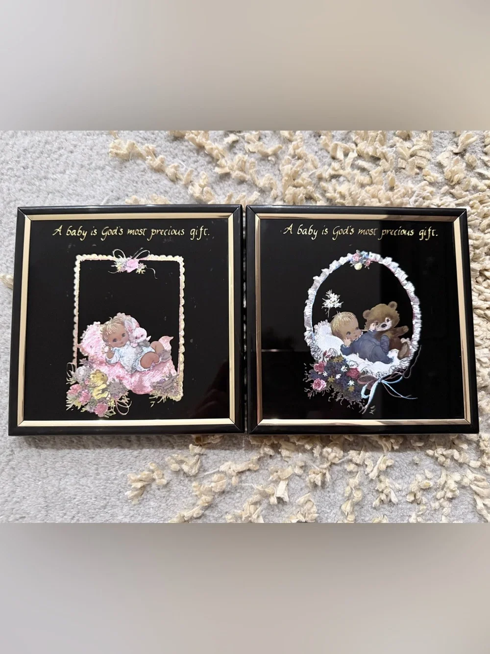 Vintage 1980s Kafka Baby Nursery Theme Foil Art Glass Prints 6x6 Pair